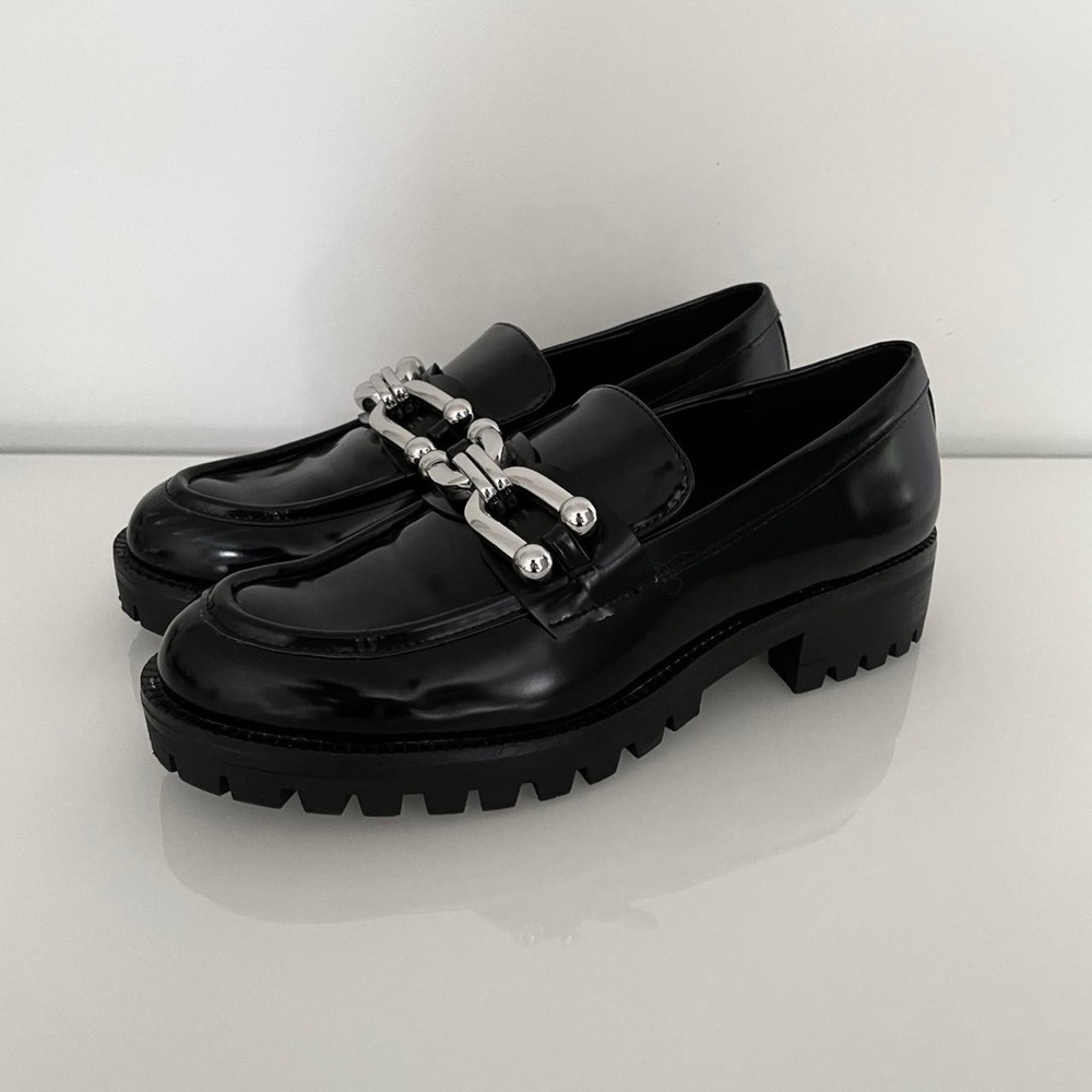 ZARA Black Patent Chain Detail Lug Sole Loafers